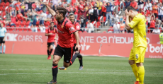 Abdón celebrando su segundo gol frente al Olot. Foto: RCDM.