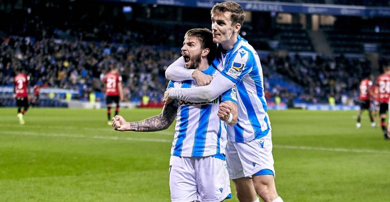 Portu celebra el tercer tanto de los donostiarras. Foto: LaLiga.